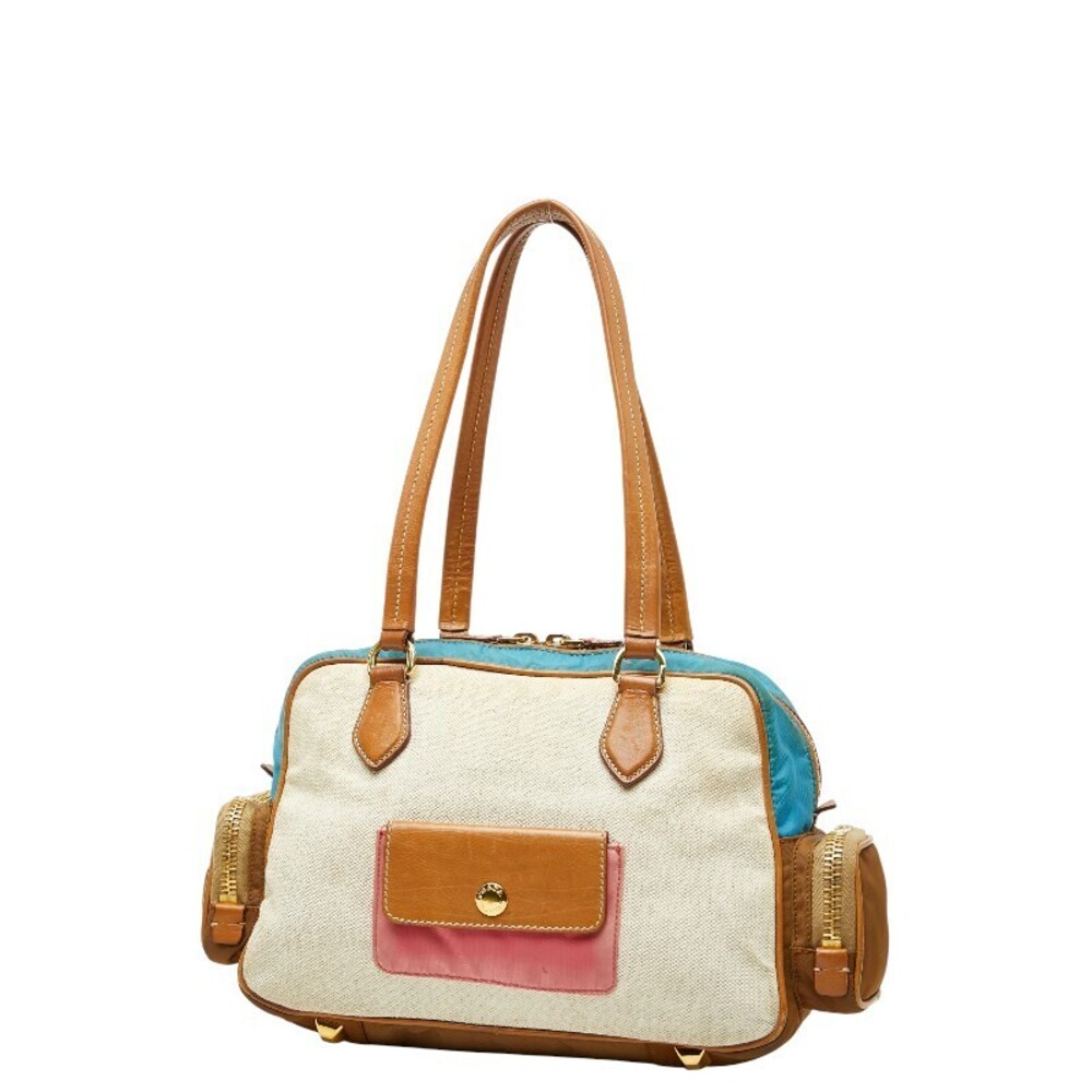 Prada Nylon Leather Logo Triangle Brown Pink Handbag Blue Canvas Plate